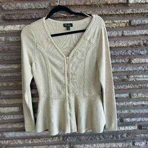 Thalia Sodi Metallic Gold Peplum V Neck Cardigan Sweater